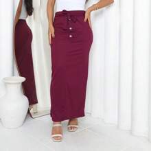 Long Skirt With Tie And Ribbed Side Slit Summer! - 紅木色 - 查看 2