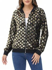 Womens Sequin Long Sleeve Front Zip Jacket With Ribbed Cuffs Bomber For Party - 金鑽 - 查看 1