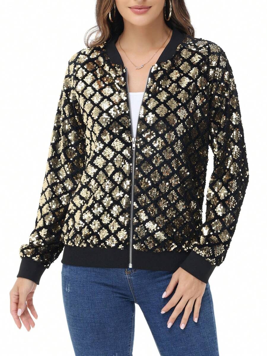 Womens Sequin Long Sleeve Front Zip Jacket With Ribbed Cuffs Bomber For Party - 金鑽 - 查看 1