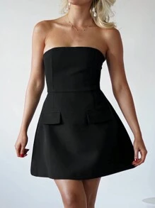Spring/Summer New Tight Solid Color Faux Pocket Minimalist Women's Mini Dress, Easter Outfit, Essential For Spring Break - Black - View 7