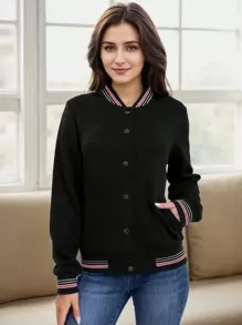 Women's Lightweight Baseball Jacket - Versatile Stitching Fabric Outerwear With Multi-Fabric Options And Unique Patterns - Black 7 - View 1