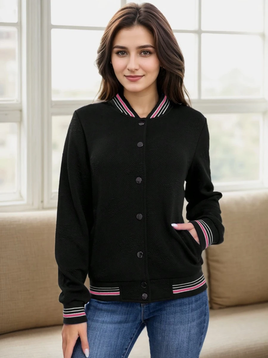 Women's Lightweight Baseball Jacket - Versatile Stitching Fabric Outerwear With Multi-Fabric Options And Unique Patterns - Black 7 - View 1