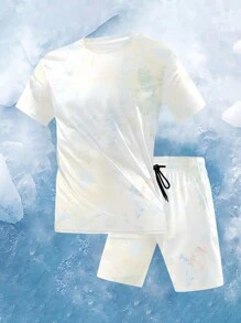 2 件套男士 T 恤和短裤跑步装，速干印花上衣和休闲短裤，夏季 - 白色 - 查看 2