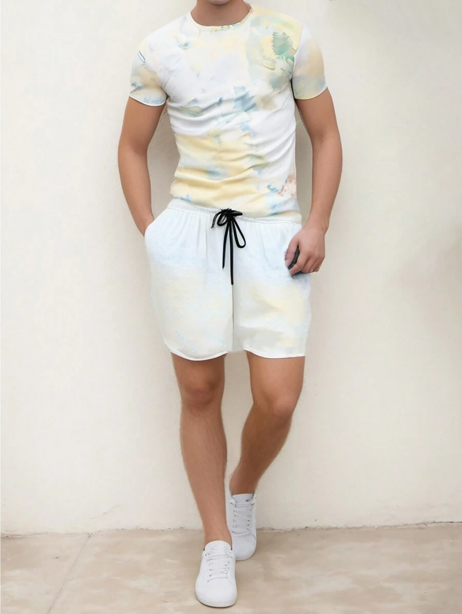 2 件套男士 T 恤和短裤跑步装，速干印花上衣和休闲短裤，夏季 - 白色 - 查看 1