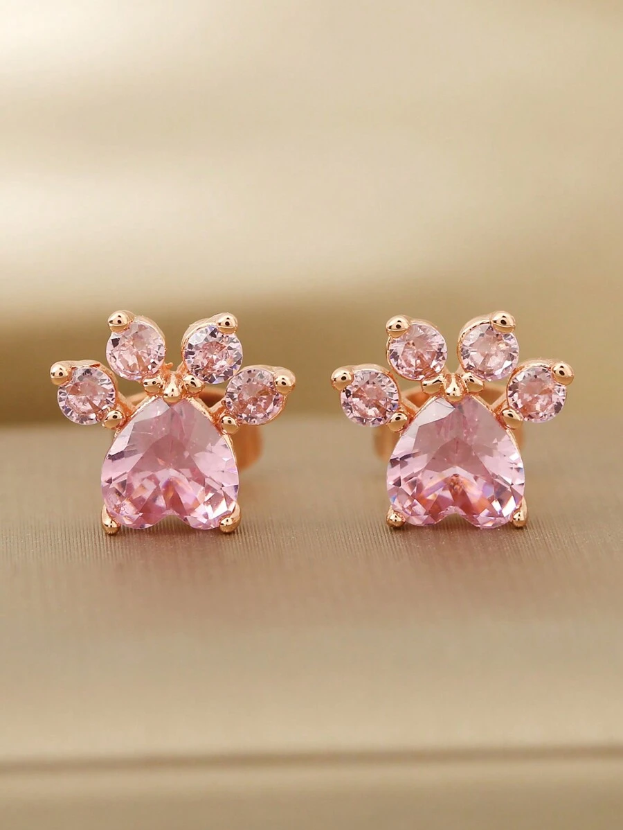 Cat Paw Print Stud Earrings - Rose Gold - View 1