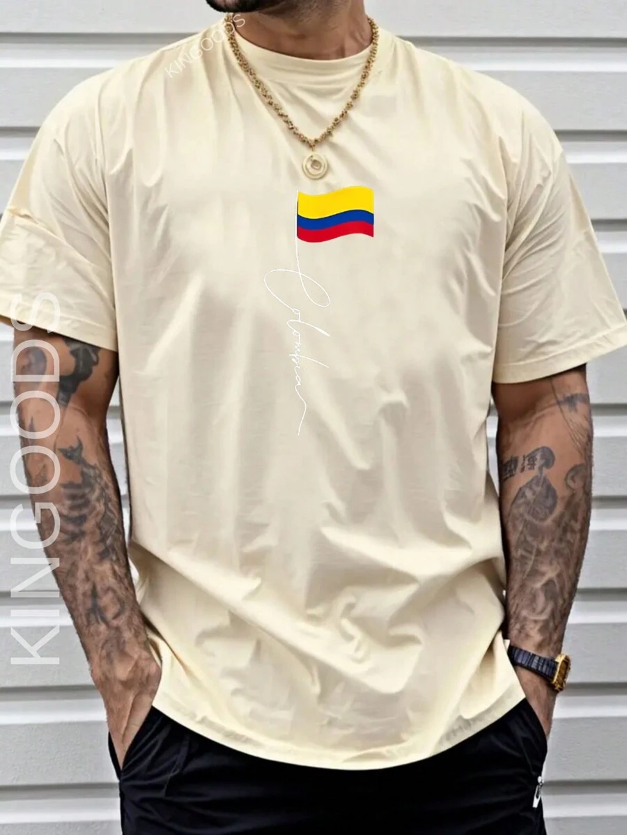 Men's Colombia Flag T-Shirt 100% Cotton Shirt Premium Mesh 30.1 - 米色 - 查看 1