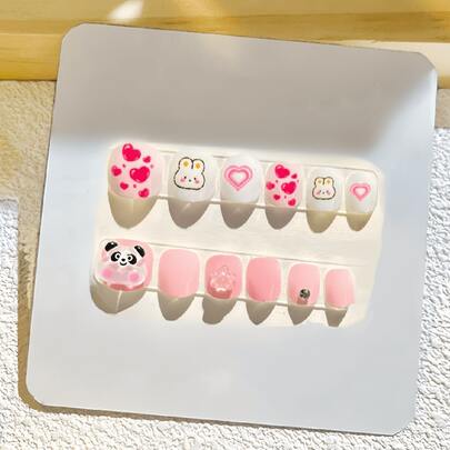 12pcs Small Smooth Short Oval Artificial Nails, Macaron Blue & Pink Solid Color, Lavender Heart Cartoon Flower Pattern, Cute False Nails Suitable For Girls, Christmas & New Year Gift Nail Supplies