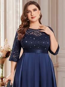 Vestido de noche formal de satén con volantes, parches de encaje y lentejuelas de colores contrastantes, elegante vestido de fiesta formal, vestido de invitada de boda, adecuado para ceremonias de graduación, cenas de gala y otras ocasiones - Azul Marino - Ver 7