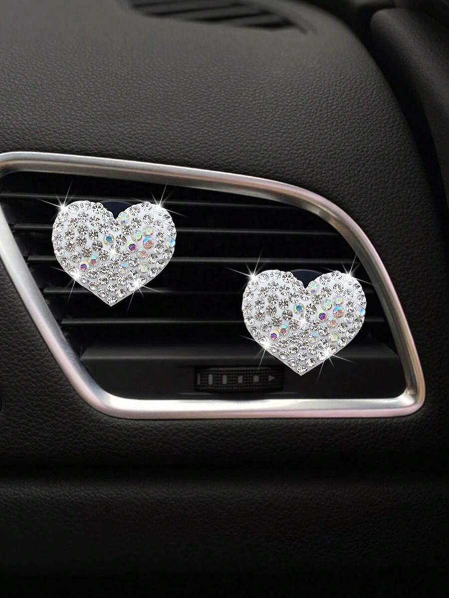 2pcs Pink Rhinestone Heart Shaped Car Air Vent Clip Decor - Pink - View 1