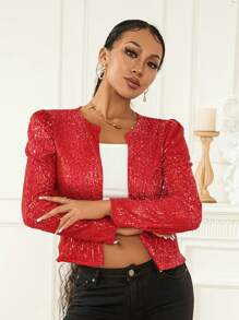 Women Jacket Long Sleeve Open Front Sequined Spring Ladies Cardigan For Club Party - Red - View 4