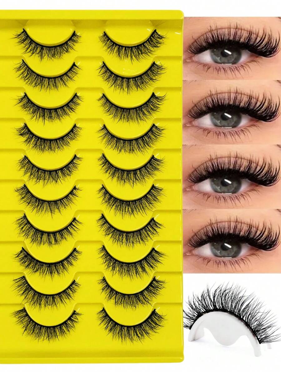 10 对漫画风格蓬松睫毛自然浓密卷翘纤细柔软黑色睫毛带，适合日常聚会约会化妆使用 - 自然纖長款 - 查看 1