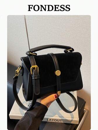 2025 Ny fyrkantig miniväska, kombination av mocka och PU-läder, retro kompakt axelväska, korsväska för dagligt bruk, dejting, present