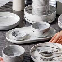 Vajilla de cerámica minimalista moderna con diseño de vetas de mármol, con múltiples opciones que incluyen platos, cuencos de arroz, cuencos de sopa, aptos para pasta, postres, ensaladas, platos principales, entrantes, patatas fritas, platos de carne, para reuniones en el hogar y restaurantes
