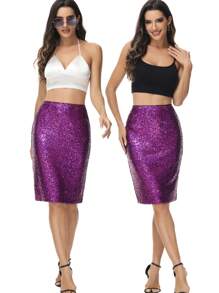 Women's High Waist Sparkly Sequins Midi Skirt Pencil Cocktail Party Skirt - Màu tím - Xem 5