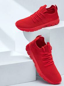 男士舒适运动鞋时尚公路跑鞋网眼透气运动鞋户外步行鞋防滑休闲鞋红色