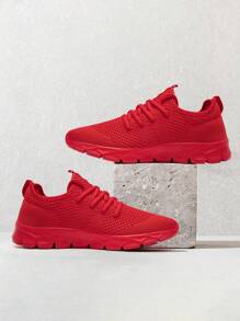 男士舒适运动鞋时尚公路跑鞋网眼透气运动鞋户外步行鞋防滑休闲鞋红色
