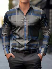 Men's Classic Fashion Designed Gray Blue Long Sleeve Single-Breasted Collar Shirt, With Grid Striped Pattern Details, Suitable For Spring, Summer, Autumn, Mature Style Fits Office Business Casual And Formal Occasions, Fall - Blue - View 6