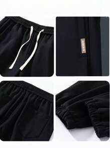 Calças masculinas clássicas cortadas, calças jogger de malha de poliéster com cós elástico e cordão, vários bolsos, calças esportivas casuais adequadas para corrida, caminhada e atividades ao ar livre - cor sólida, ajuste solto, todas as estações - Preto - Ver 3
