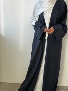 1 件女式经典纯色宽松时尚长袍开衫，舒适休闲长袍风格，适合穆斯林日常穿着和节日 - 深藍色 - 查看 6