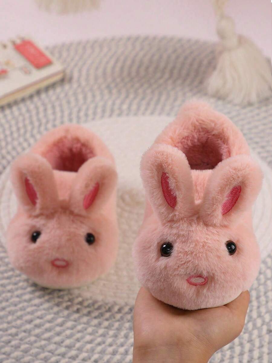 孩子們迷人的粉色的兔子設計室內家居拖鞋帶高跟鞋,冬天 - 粉色 - 查看 1