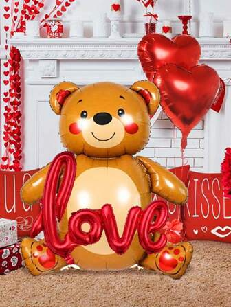 4pcs/Set 58" Giant Valentine's Day Lovely Bear Balloons - Brown Bear, Oversized LOVE Balloon, Red Heart Balloon - Romantic Decor For Valentine's Day Proposal, Anniversary, I Love You, 2025 New Year, Back To School Valentine's Day