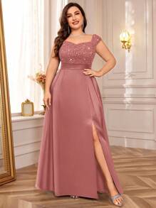 Plus Size Women's Off-Shoulder Sequin Lace Satin Split Hem Evening Dress, Suitable For Valentine's Day, Summer, Wedding Guest, Graduation Party, Birthday, Formal Dinner, Holidays And Other Occasions - Dusty Pink - View 4