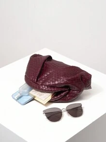 1pc Women Vintage Faux Woven Leather Clutch Bag, Elegant Evening Party Purse, Burgundy Purse, Ruffle Cloud Bag, Shell Bag, Holiday Party Dress, Gift For Her, Suitable For Party, Gathering, Date, Prom (Pattern Random) - Red Violet - View 6