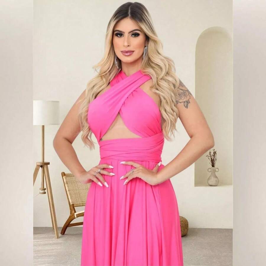 Women's Premium Long Dress Multi-Form Multipurpose Parties Blogger - 玫紅色 - 查看 1