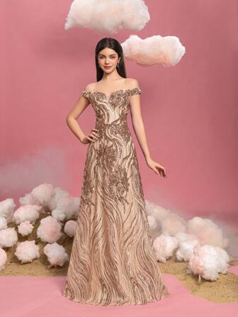 优雅露肩后系带 A 字形亮片礼服，适合小伴娘和青少年 - 正式婚礼服装、选美礼服、晚礼服、节日派对套装、奢华生日庆祝服装