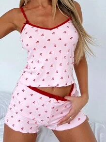 Women's 2 Piece Pajama Set Sleeveless Cherry Print Cami Tops Casual Shorts Sleepwear Sets - Pink - View 4