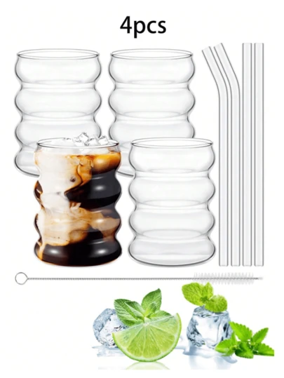 1pc/4pcs/8pcs 咖啡玻璃吸管杯、果汁杯、奶茶杯、冷饮杯、浓缩咖啡杯、条纹玻璃吸管、波浪杯、波浪形玻璃杯、冰咖啡杯、啤酒杯，非常适合鸡尾酒，适用于鸡尾酒、威士忌、饮料、牛奶，适用于家庭晚餐、酒吧和聚会、礼物