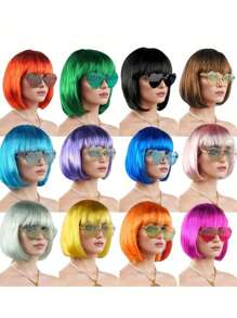 Perruque Bob aux couleurs pastel vibrantes, assortie avec des lunettes de soleil en forme de cœur colorées et sans cadre pour femmes. À porter au quotidien, pour la Saint-Patrick, Halloween, la Saint-Valentin ou des fêtes costumées. Cheveux courts et droits