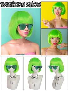 Perruque Bob aux couleurs pastel vibrantes, assortie avec des lunettes de soleil en forme de cœur colorées et sans cadre pour femmes. À porter au quotidien, pour la Saint-Patrick, Halloween, la Saint-Valentin ou des fêtes costumées. Cheveux courts et droits