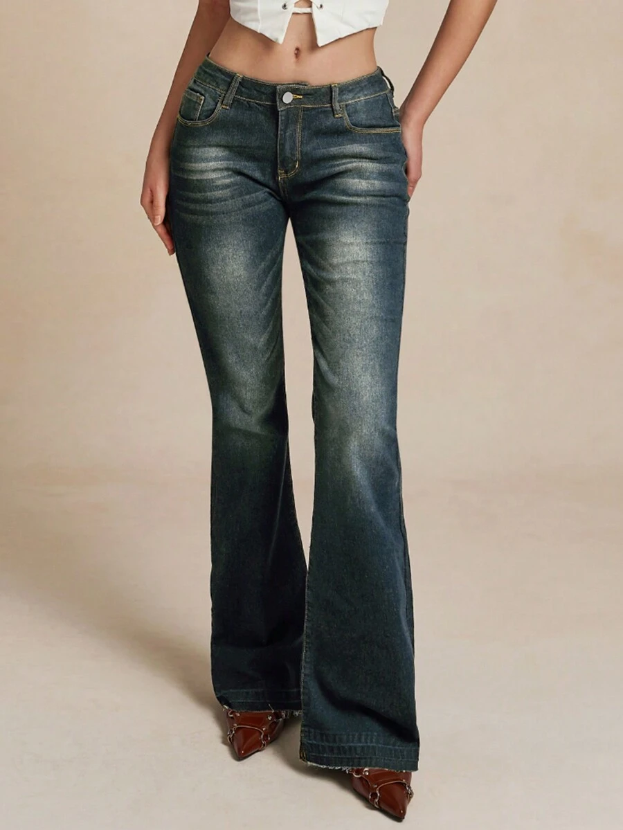 Women's Casual Low-Waist Flared Denim Jeans With Pockets