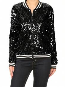 Chaqueta de manga larga con cremallera frontal y puños acanalados, con lentejuelas, para mujer, ideal para fiestas - Negro puro - Ver 1
