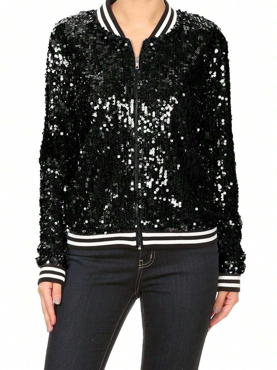 Chaqueta de manga larga con cremallera frontal y puños acanalados, con lentejuelas, para mujer, ideal para fiestas - Negro puro - Ver 1