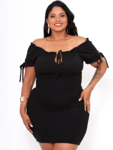 Short Black Plus Size Off-The-Shoulder Sheath Dress For Women – Sophistication And Comfort In One Look - màu đen - Xem 3
