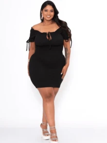 Short Black Plus Size Off-The-Shoulder Sheath Dress For Women – Sophistication And Comfort In One Look - màu đen - Xem 6