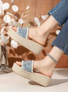 Women's New Wedge Platform Slip-On Casual Fashion Comfortable Woven Straw Sole High Heel Sandals