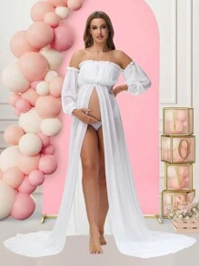 Maternity Chiffon Drop Shoulder Slit Dress Lantern Sleeves Gown For Photoshoot Baby Shower - White - View 5