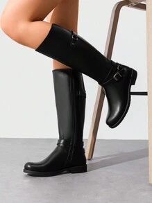 Women's Motorcycle Riding Boots Round Toe Side Zipper Low Block Heel Knee High Boots Fashionable Comfortable Buckle Decorated Biker Black Boots For Outdoor Casual