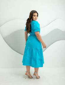 Vestido Jeans Midi moda evangélica  sarja 100% color - Azul - Visão 5