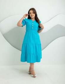 Vestido Jeans Midi moda evangélica  sarja 100% color - Azul - Visão 2
