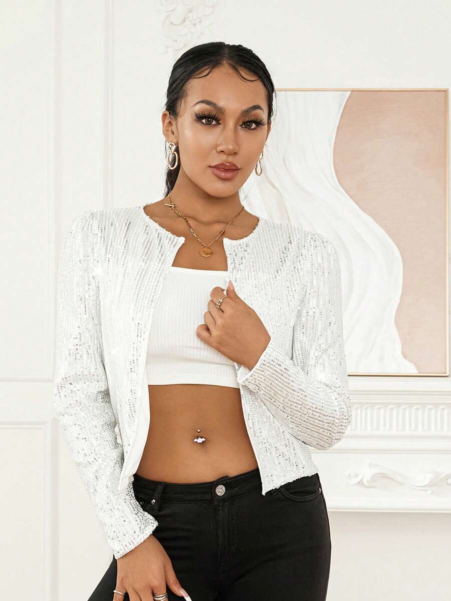 Women's Sequin Jacket Long Sleeve Open Front Glitter Cropped Blazer Bolero Shrug Coat - Silver - View 1