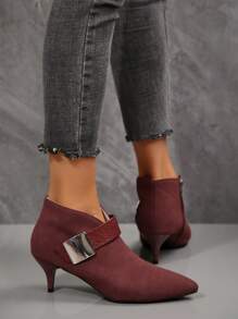 新款女士短靴和踝靴，时尚黑色/酒红色/咖啡棕色仿麂皮尖头性感纤细高跟侧拉链弹力时尚派对靴，适合春秋冬季 - 酒紅色 - 查看 5