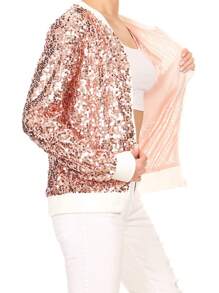 Chaqueta de manga larga con cremallera frontal y puños acanalados, con lentejuelas, para mujer, ideal para fiestas - Oro rosa - Ver 4