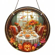 令人惊叹的感恩节美学艺术彩绘窗挂、捕光器、雨伞，送给家人、爱人、朋友的完美礼物，亚克力圆形花环标志，花园、家居、迎宾门，户外通用彩色装饰艺术 - 彩色 - 查看 2