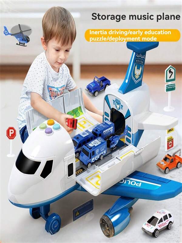 Juguete de coche de inercia con pista de catapulta y almacenamiento + avión de inercia con coche de aleación para educación temprana con música, juguete de puzle de interacción entre padres e hijos para niños (accesorios, botones, pegatinas, colores, estilos, al azar)