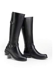 Women's Motorcycle Riding Boots Round Toe Side Zipper Low Block Heel Knee High Boots Fashionable Comfortable Buckle Decorated Biker Black Boots For Outdoor Casual