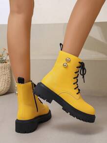 Bốt cổ ngắn buộc dây mũi tròn thời trang thu/đông cho nữ, đế dày, phong cách nghỉ dưỡng với khóa tròn cổ điển, bốt cho nữ - Màu vàng - Xem 5